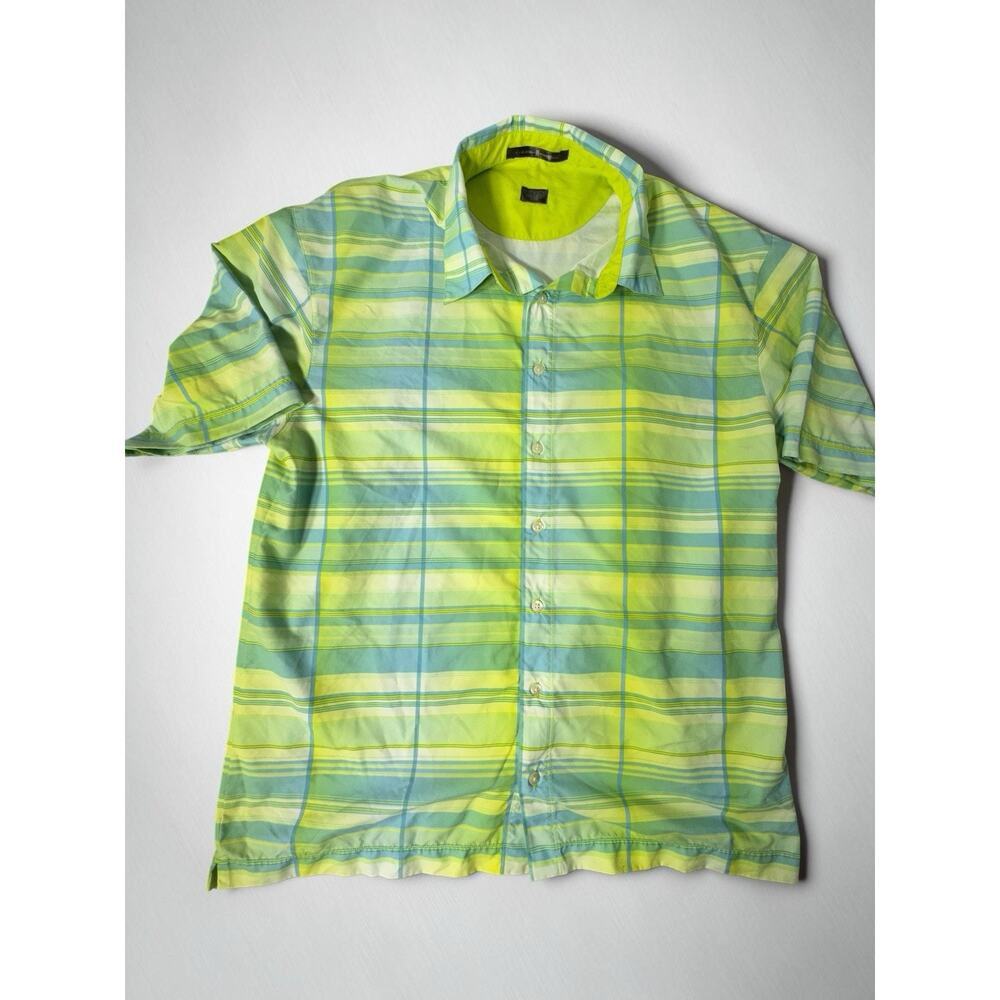 Tiger Woods Golf Shirt Mens L Green Striped Full Button Down Short Sleeve